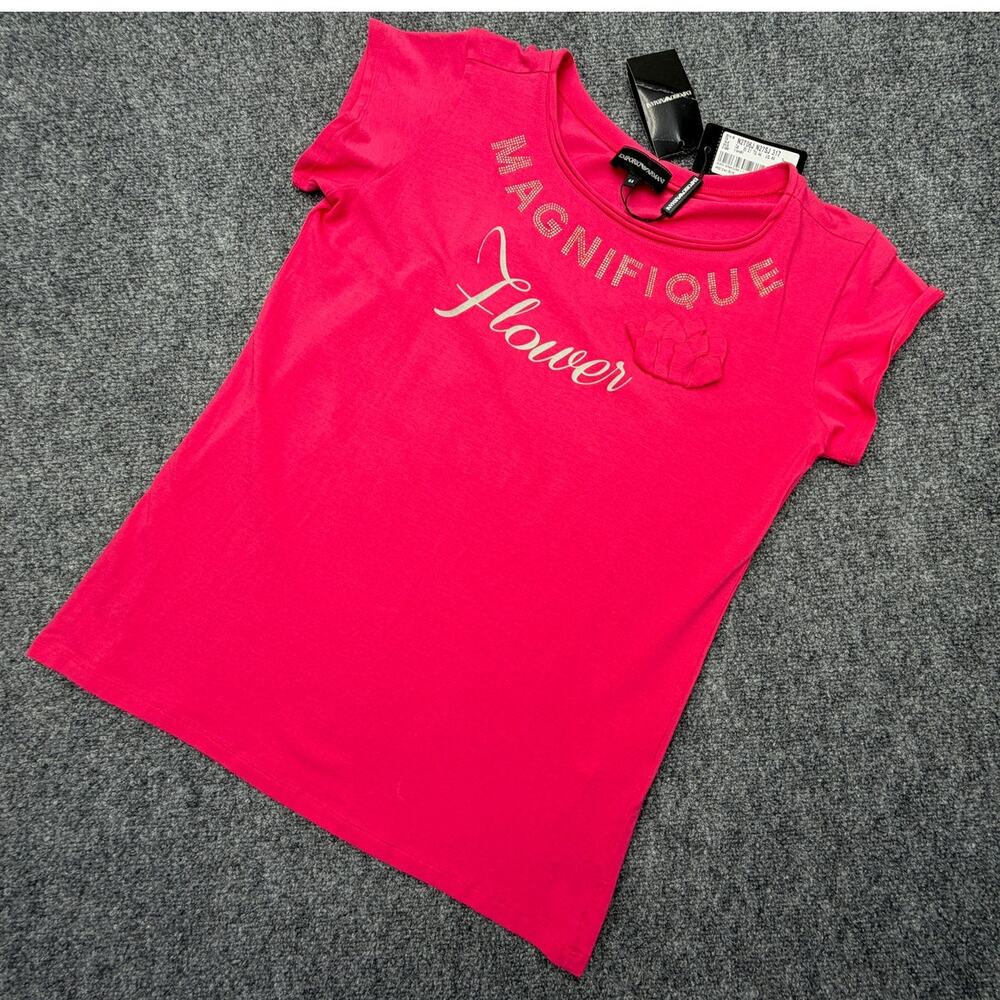 Emporio Armani Womens IT 44 US 8 Pink Embellished Stretch Cotton T-Shirt NWT